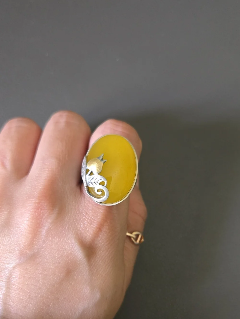 925 Stering Silver Customize Korean traditional Yellow Oval Statement Ring - Picture 3 of 5